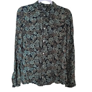 Vintage Loco Lido Blouse Women's Size Large Black Floral Pearl Snap Bell Sleeve